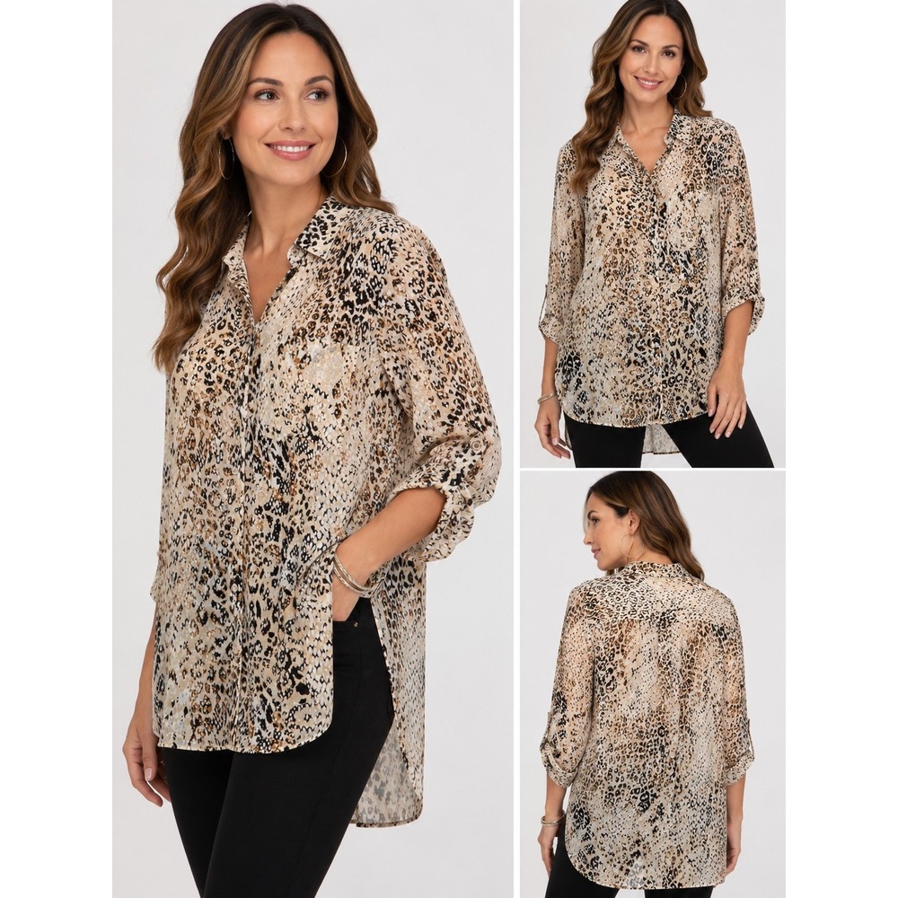 Spense Womens Large Animal Print Blouse Roll Tab Sheer Hi Low Button Shirt L